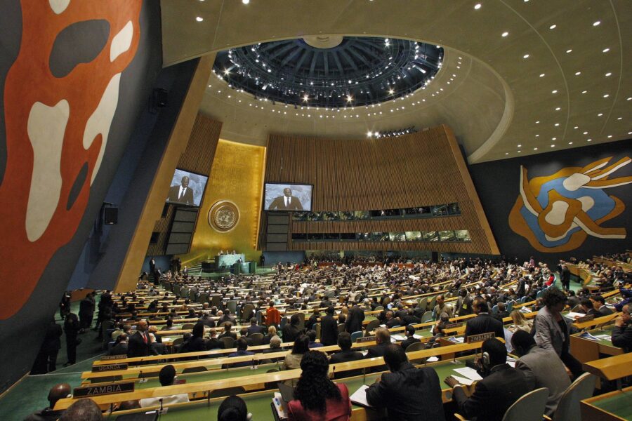 N's Generalforsamling. Plenumsalen ligger i New York. Billedet er taget i forbindelse med et topmøde omkring klima, september 2009.