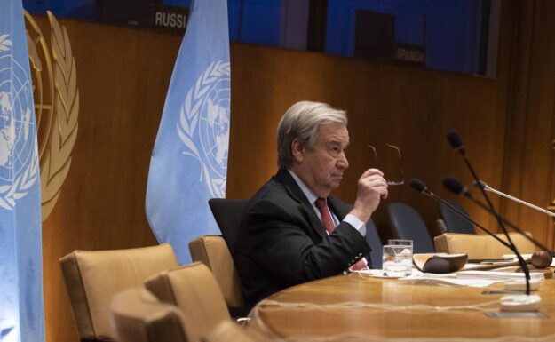 António Guterres blev FN's generalsekretær den 1. januar 2017. Her afholdes et virtuelt højniveaumøde omkring Covid19 pandemien