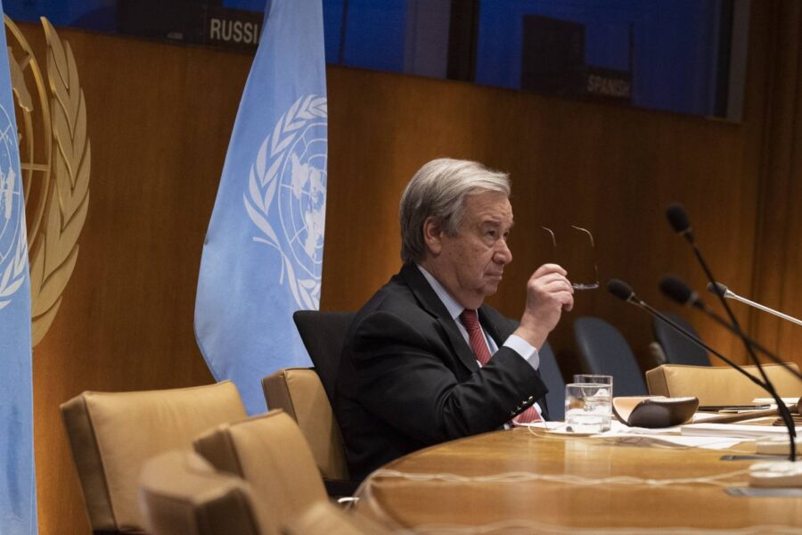 António Guterres blev FN's generalsekretær den 1. januar 2017. Her afholdes et virtuelt højniveaumøde omkring Covid19 pandemien
