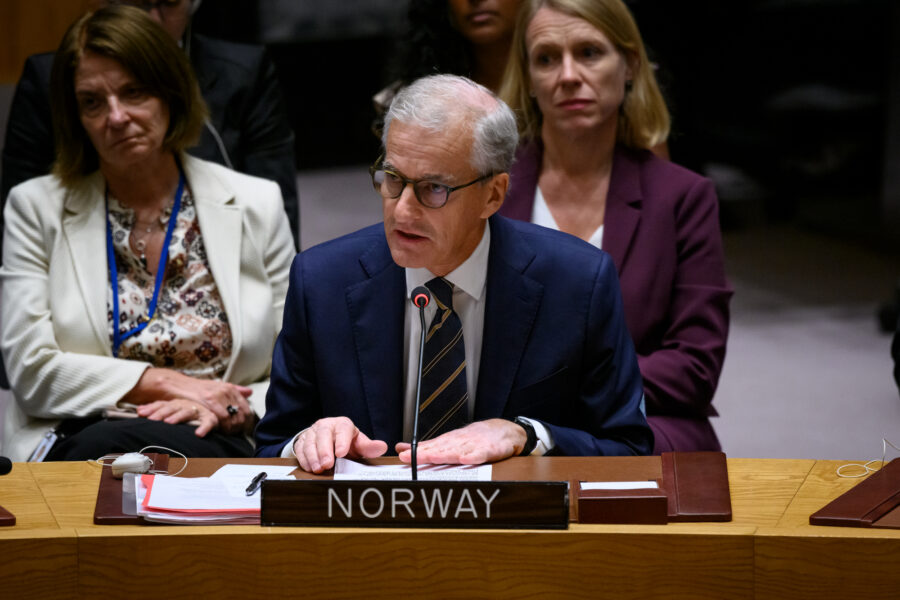 Statsminister Jonas Gahr Støre i et møte i Sikkerhetsrådet under norsk presidentskap i januar 2022.