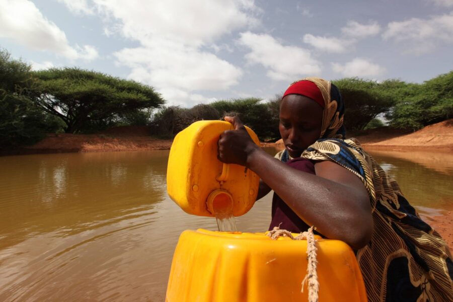En kvinde henter vand fra en af de mange menneskeskabte damme, der er blevet gravet som følge af et UNDP-støttet initiativ til skaffe vand til tørkeramte samfund.