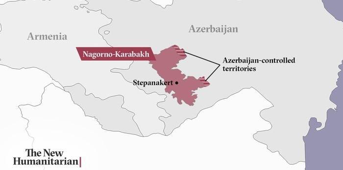 Karta över området kring Armenien och Azerbajdzjan. Illustration: The New Humanitarian.
