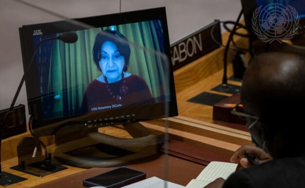 FNs undergeneralsekretær Rosemary DiCarlo deltok digitalt på møte om Ukraina. Foto: UN Photo/Mark Garten