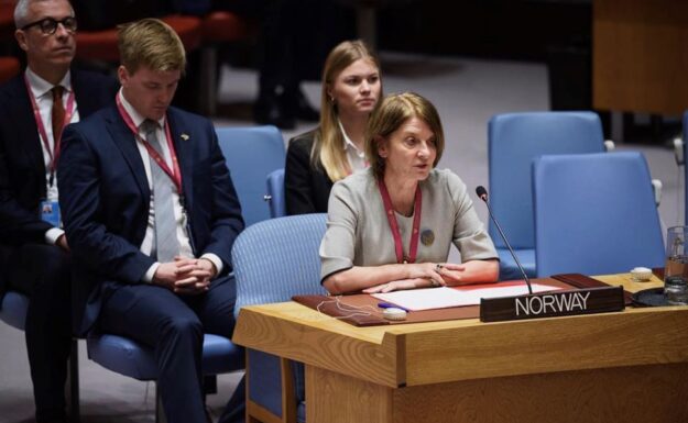 Norges FN-ambassadør, Mona Juul, holder innlegg i Sikkerhetsrådet den 28. mars 2019. Foto: UN Photo/Loey Felipe
