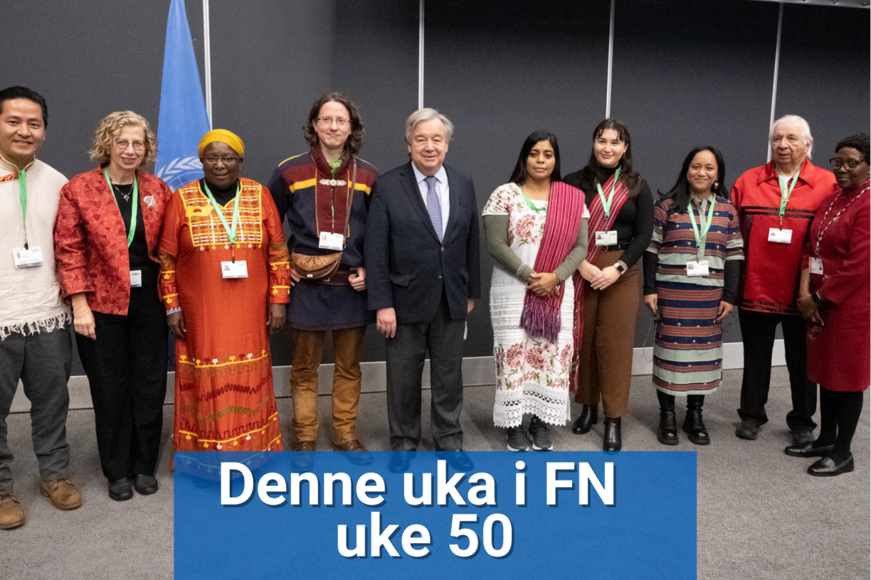 FNs generalsekretær António Guterres (i midten) møter urfolk og lokalsamfunn under FNs naturtoppmøte (COP15) som holdes i Montreal 7.-19. desember. Foto: UN Photo/Evan Schneider.