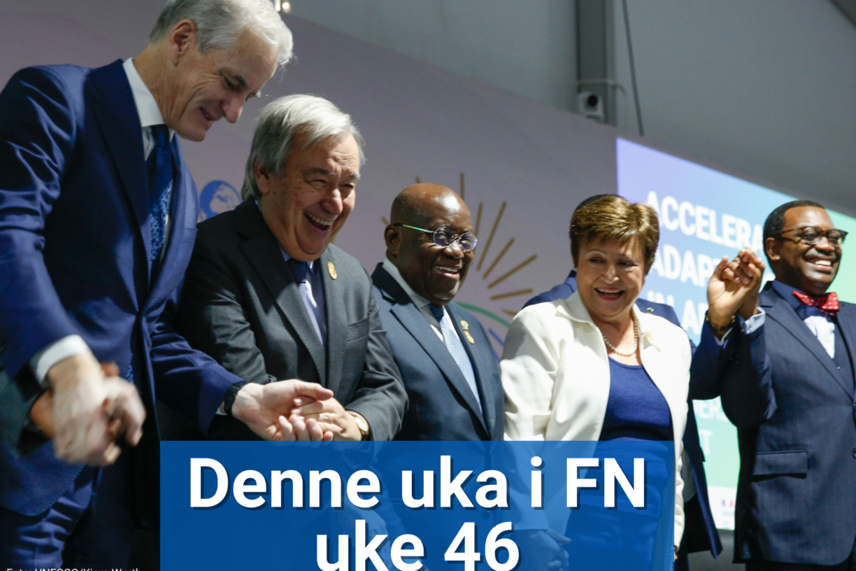 Statsministeren deltok på et COP27 lederarrangement om øket klimatilpasning i Afrika. Her holder han hender med FNs generalsekretær Guterres, Ghanas president Nana Akufo-Addo, administrerende direktør i Det internasjonale pengefondet Kristalina Georgieva, og presidenten av Den afrikanske utviklingsbanken Akinwumi Adesina. Foto: UNFCCC/Kiara Worth.